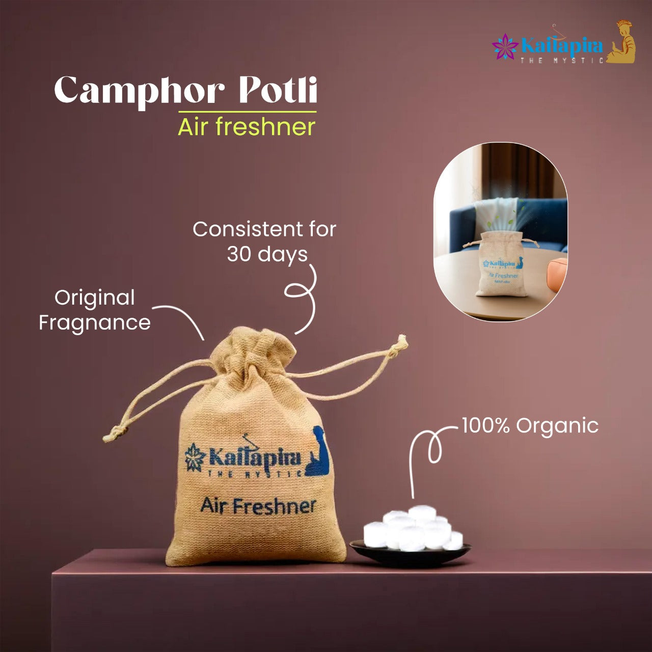 Kailapira Air Freshener – Camphor Potli – Room, Car and Air Freshener & Mosquito Repellent