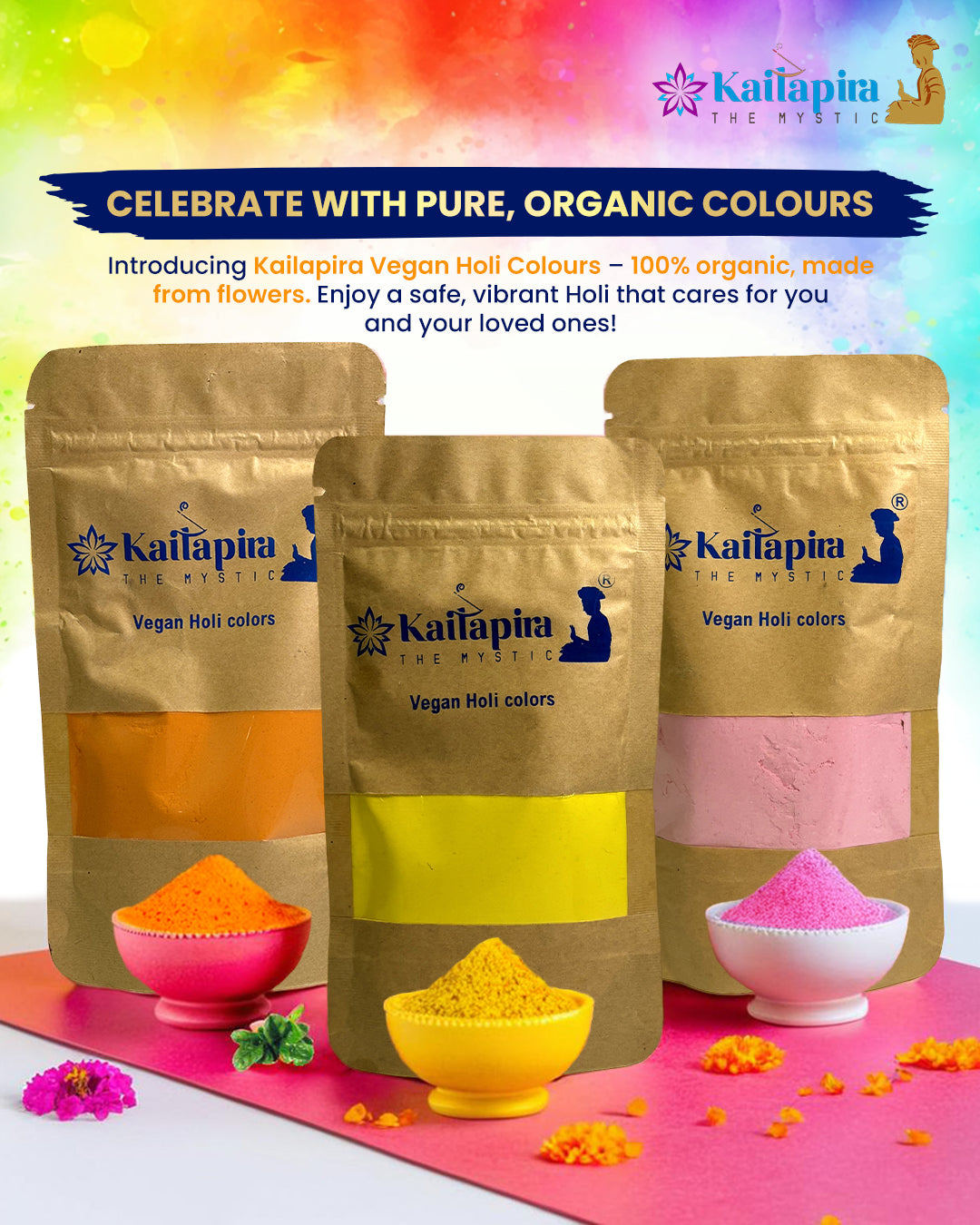 Vegan 100% Organic Holi Gulal Colors (Combo of 5)