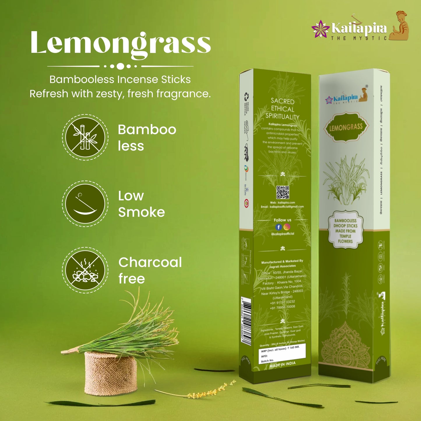 Kailapira Lemongrass Incense Sticks – 8” Premium Dhoop Batti, Incense Sticks (Pack of 20)