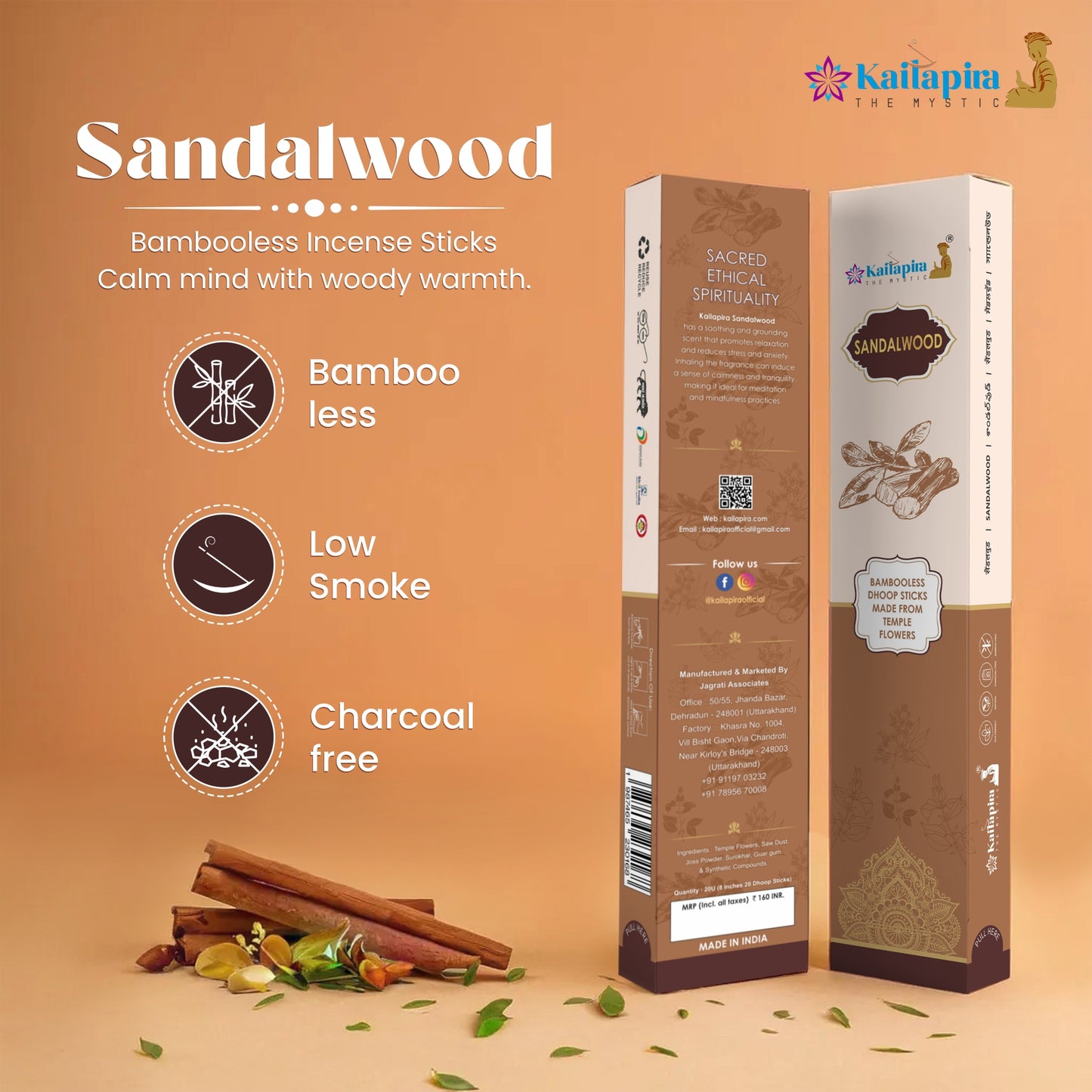 Kailapira Sandalwood Incense sticks – 8” Premium Dhoop Batti, Incense Sticks (Pack of 20)